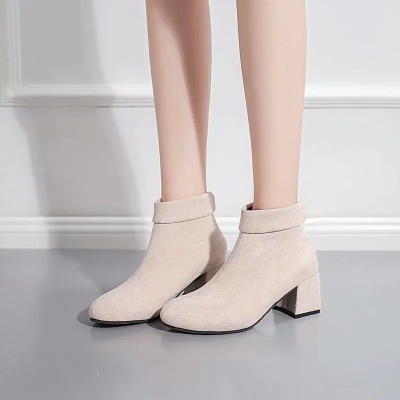 2019 г. Новые Модные осенние ботильоны на высоком каблуке с круглым носком женские