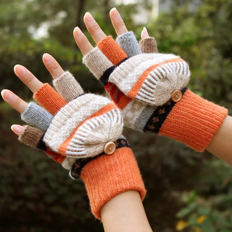 Уличные зимние перчатки женские вязаные шерстяные варежки теплые без пальцев