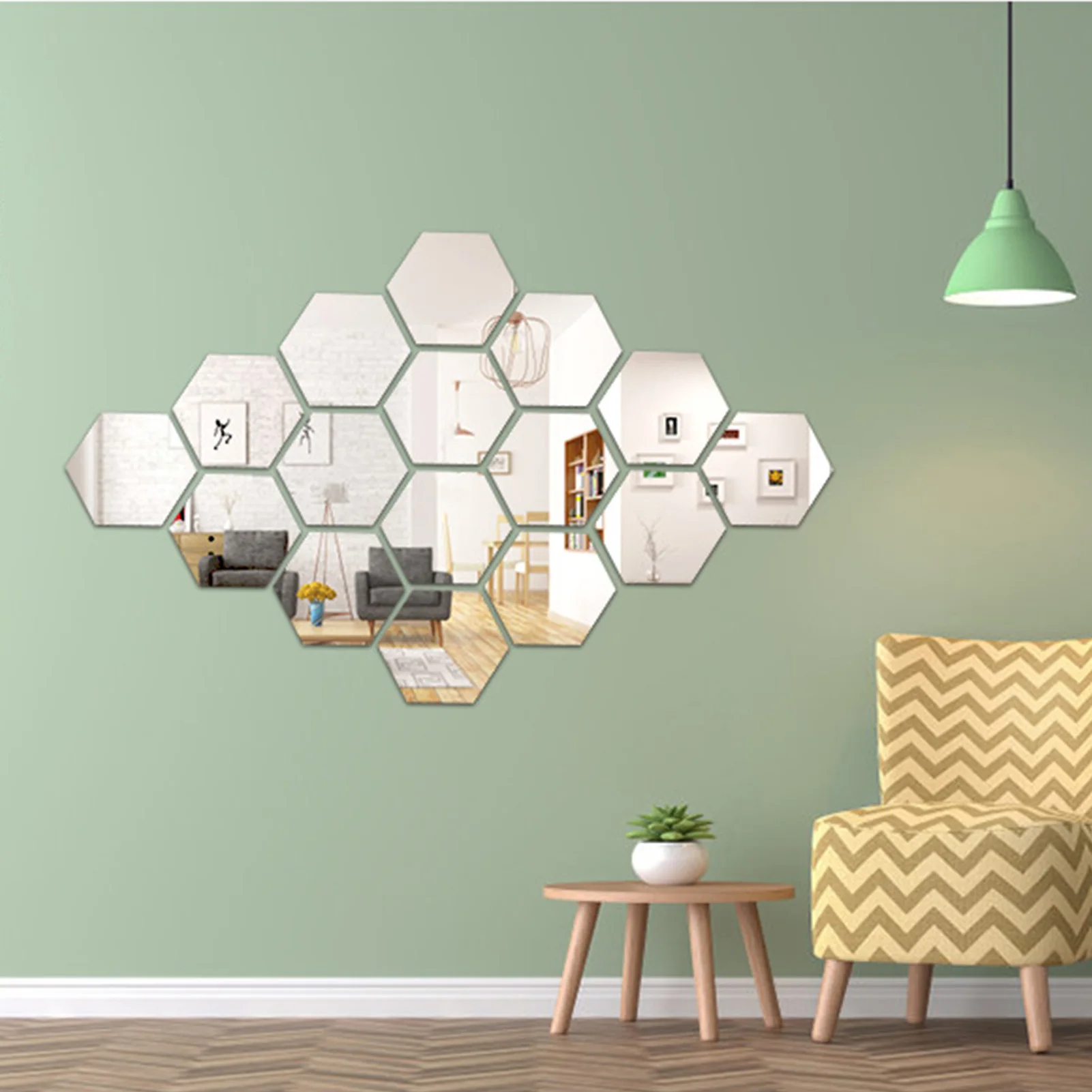 

12PCS Acrylic Mirror Wall Sticker Decal Hexagon Self-adhesive 3D Background Wall Stickers for Home Living room Aisle Decor