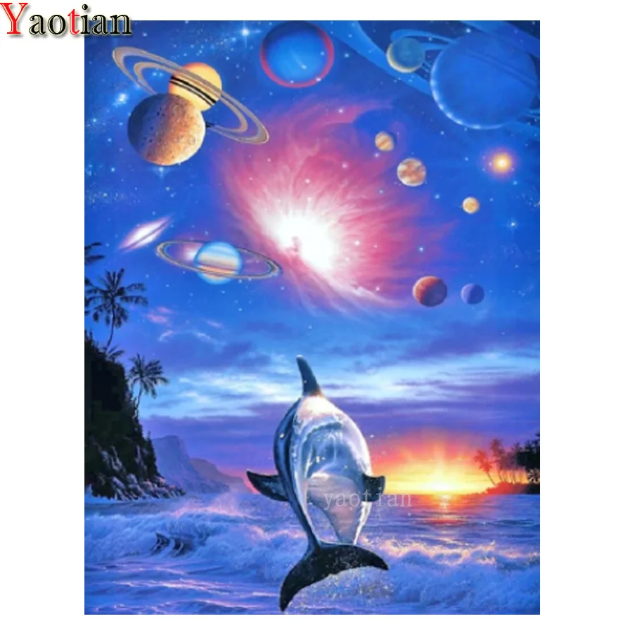 

Алмазная вышивка, дельфин звездное небо и океан 5D алмазов картина вышивания крестиком работа иголкой ручной работы декорация мозаика подар...