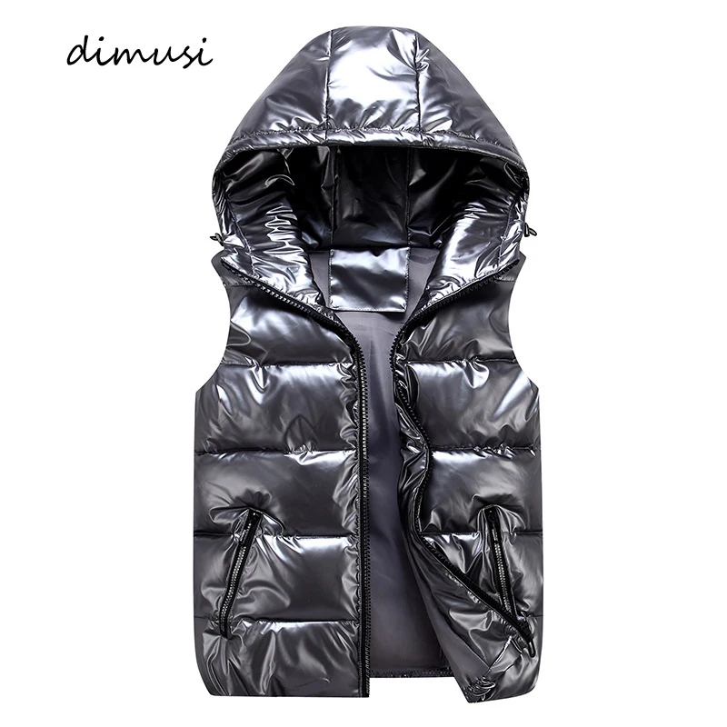 DIMUSI Men's Vest Winter Fashion Silver Male Cotton-Padded Hooded Coats Sleeveless Jackets Casual Thick Waistcoats Mens Clothing
