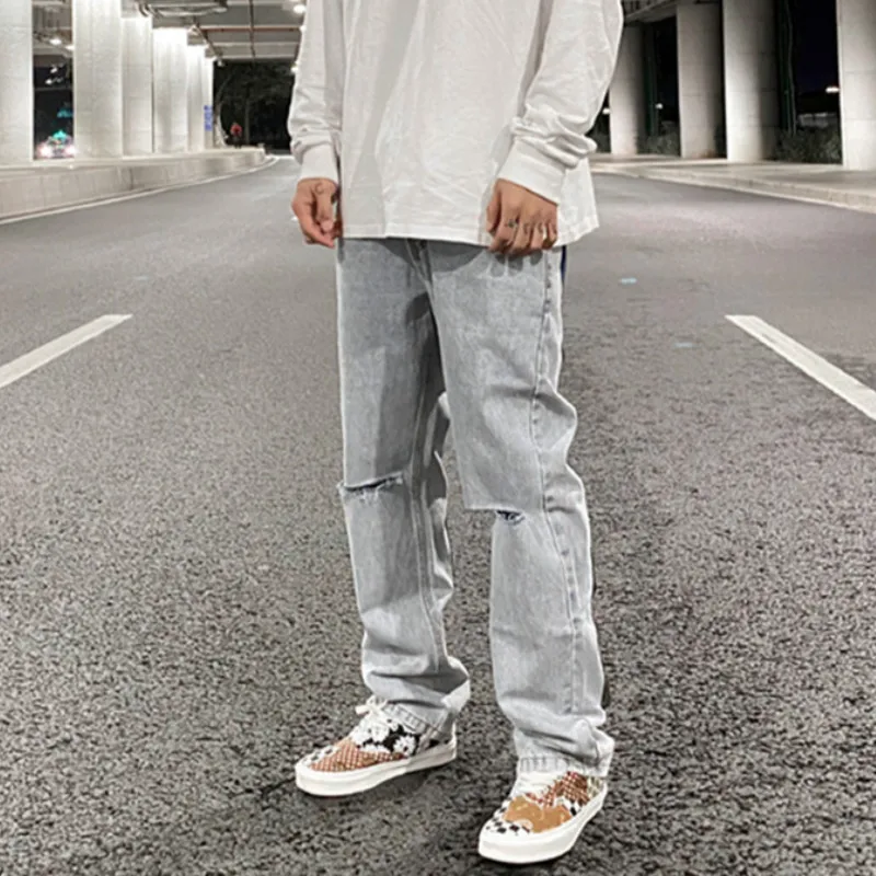 Джинсы мужские прямые на молнии сзади модные штаны с отверстиями для колен брюки