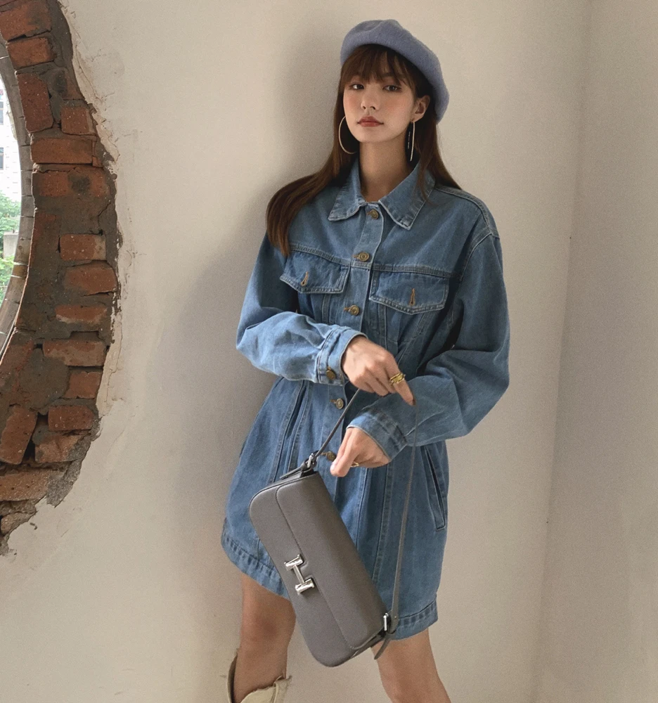 

BETHQUENOY Vetement Femme 2021 Autumn Blue Denim Polo Collar Dresses Robe Ete Slim Mini Dress Vintage Cotton Women Clothing