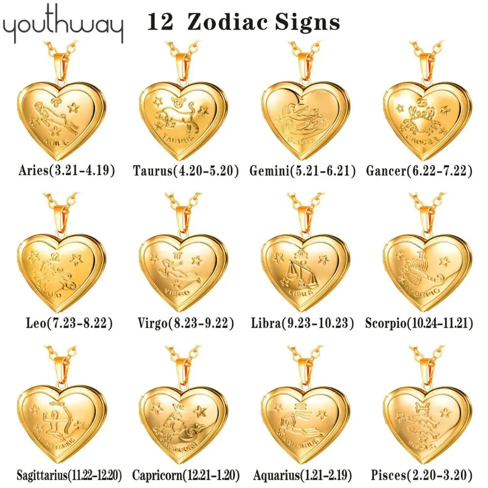 12 знаков зодиака фоторамка Память Кулон Ожерелье 18 K вакуумное покрытие латунь