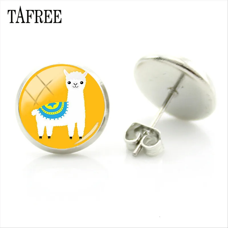 TAFREE, серьги-гвоздики из альпаки с изображением животных ламы, художественное изображение, стеклянный кабошон, очаровательные серьги для девочек и женщин, ювелирные изделия ручной работы, Gtifs YT13