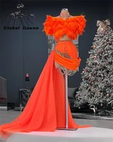 luxury orange short prom dress beaded tassel feathers birthday party gown mini robes de cocktail homecoming vestido