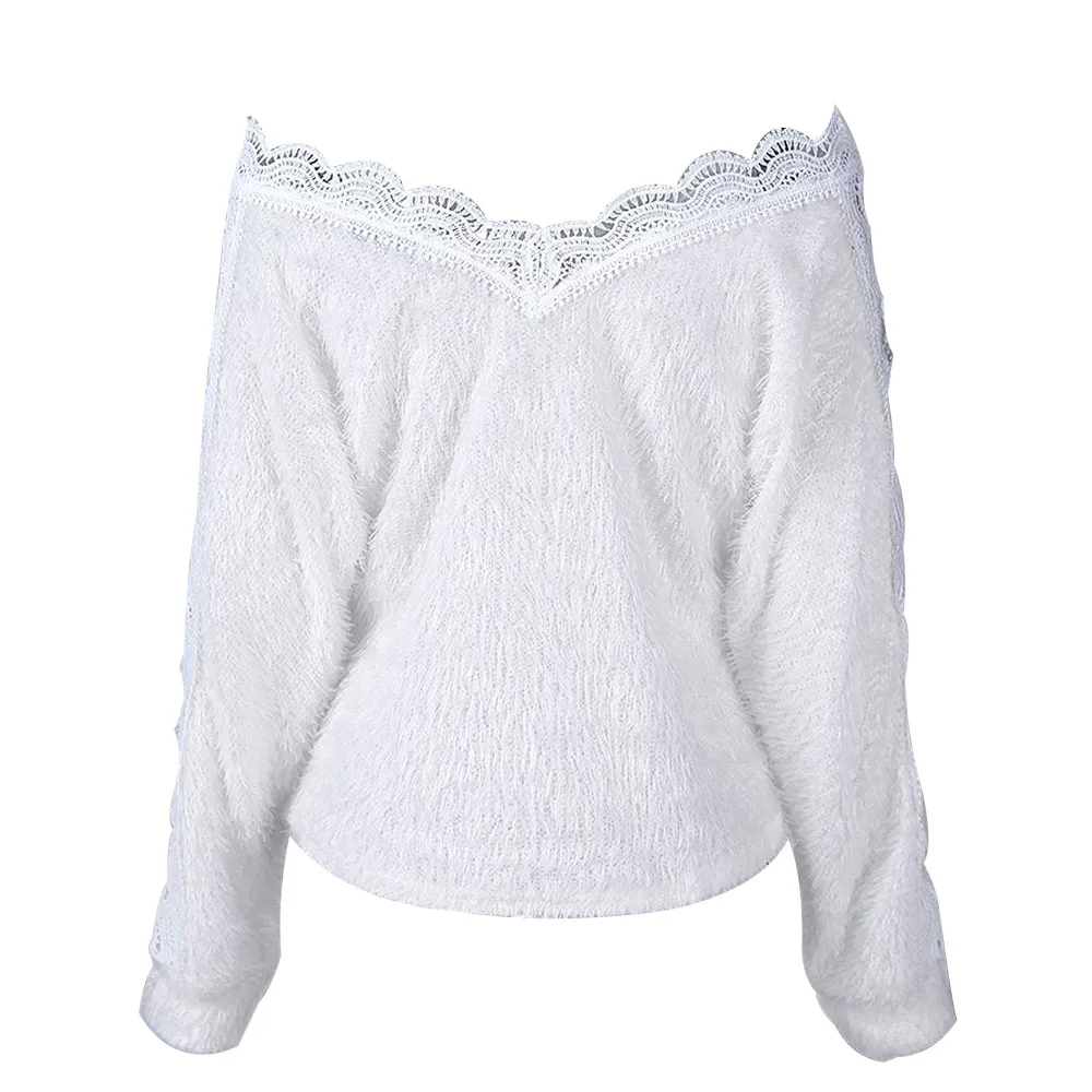 

Spring Tops Women's Pullovers Fashion V-Neck Lace Ladies Clothing Long Sleeves Solid Sweaters Office Lady Soft Cozy Plus Size