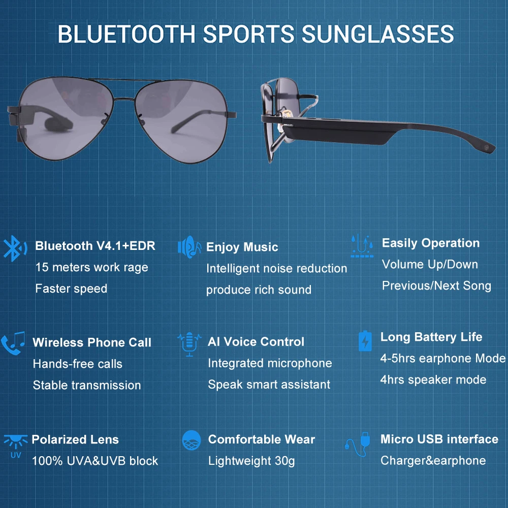 저렴한 Conway 음악 선글라스 단일 이어폰으로 블루투스 스피커 헤드셋 스마트 안경 Mens 파일럿 운전 Sun Glasses Polarized