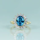 Красота драгоценного камня 10K 14K Золотое кольцо соответствующим месяцу рождения Серебряная лаборатория Аквамарин кольца Принцесса Диана вдохновленное эффектное обручальное кольцо