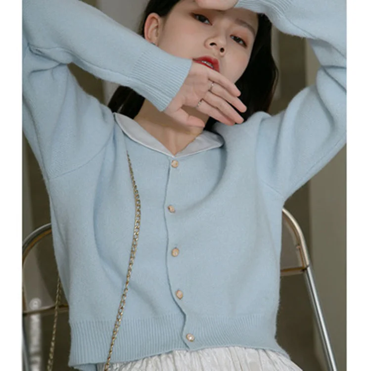 

Autumn And Winter Women's New Knitted Cardigan Loose Lapel Solid Color Lace Stitching Long-sleeved Cardigan All-match Wm*