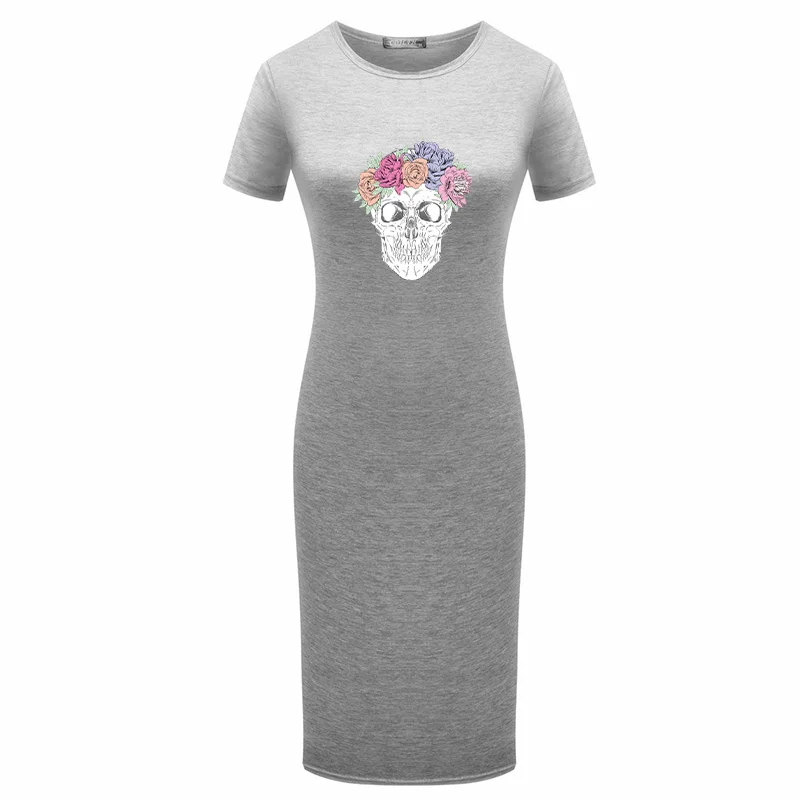

Pencil Dress Women Black O-Neck Vintage Skull Flower Print Bodycon Office Short Sleeve Elegant Fitted Robe Sexy Midi Dresses