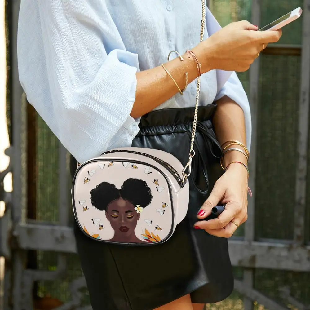 

New Afro Girls Black Women Shoulder Bag Popular Female Handbag Holiday PU Messenger Bags For Lady Design chains Crossbody bag
