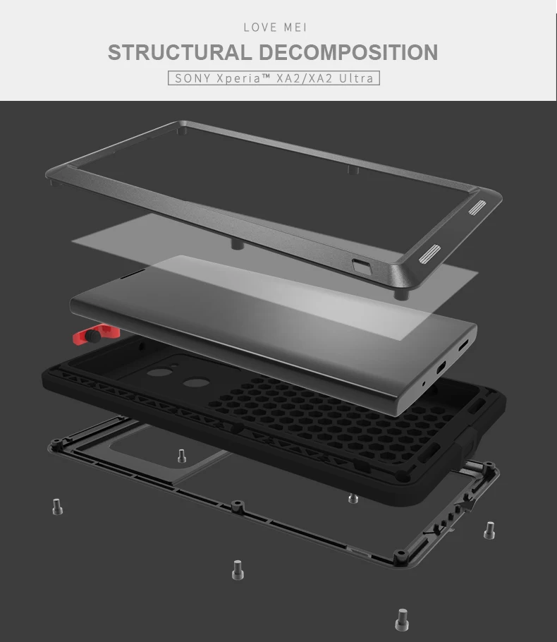 

LOVEMEI For SONY Xperia XA2/ XA2 Ultra Case Shock Dirt Proof Water Resistant Metal Armor Cover Phone Case Tempered Gorilla Glass