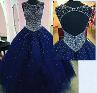 shiny beaded navy blue quinceanera dresses sexy open back illision sheer neck tank tulle ball gown formal party for 15 year girl