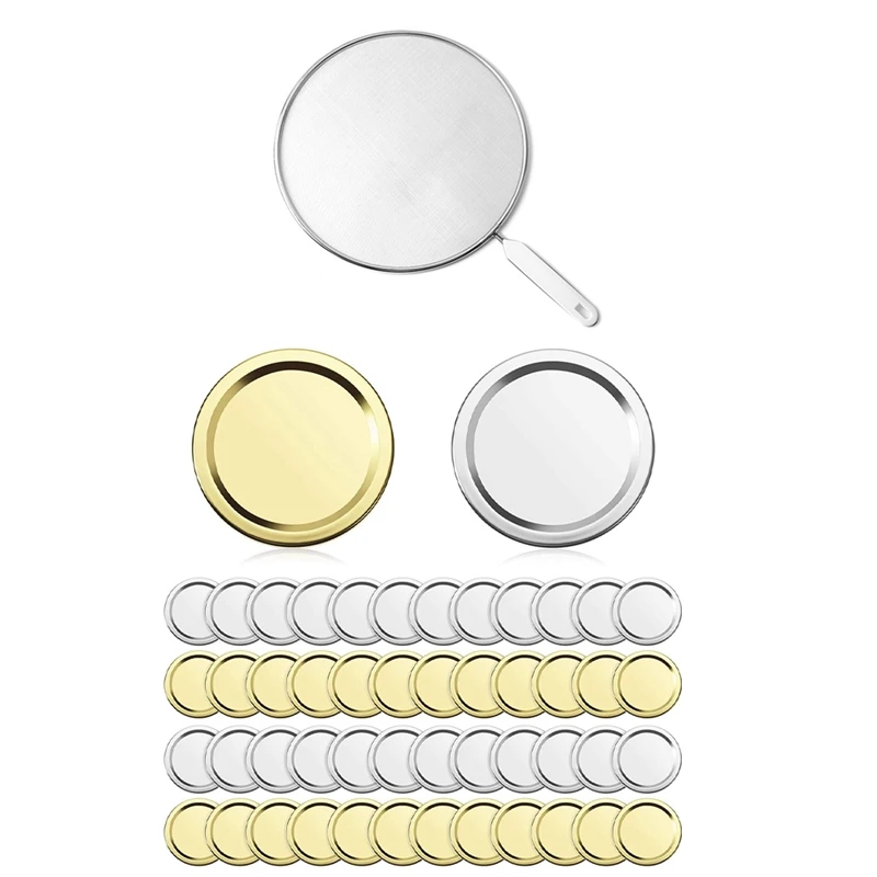 

1 Pcs Splatter Shield, Stainless Steel Splatter Screen, Grease Guard & 50 Pcs 70Mm Mason Jar Split-Type Lids