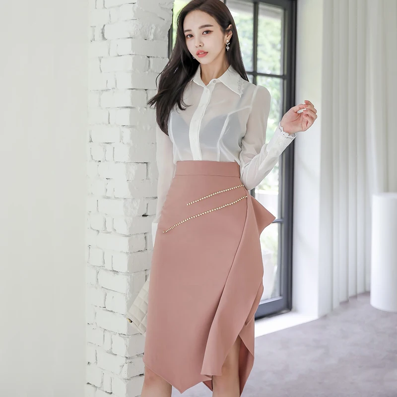 

Autumn 2 piece Suit Long Sleeve white hollow out tops And Pink irregular Midi Skirt Party Set For women clothing