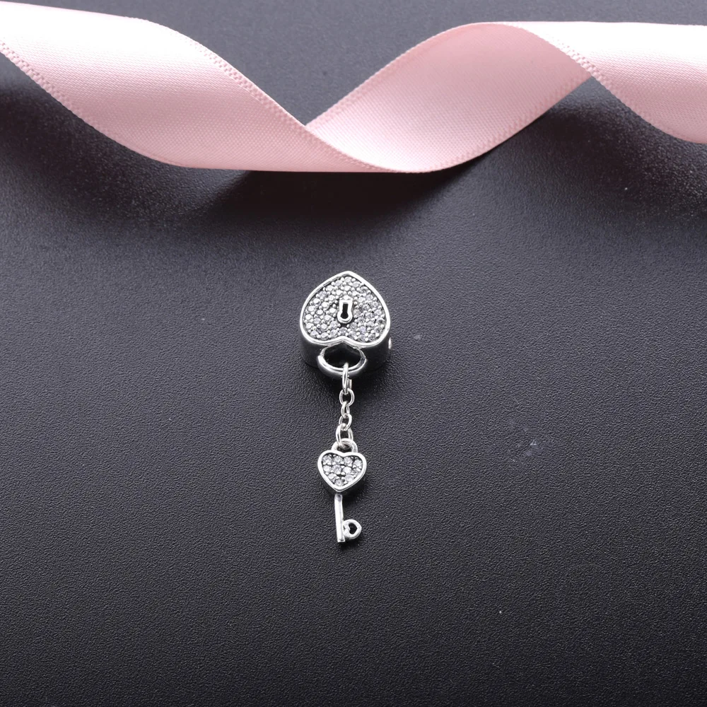 2017 подлинный 925 пробы серебряный замок и ключ сердце Висячие Подвески Pave CZ DIY