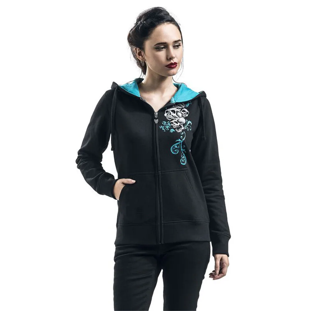 

New Retro Women's Hoodie Dark Black Punk Hoodie Gothic Casual Style Solid Color Long Sleeve Long Skull Print Gothpunk Funny Top