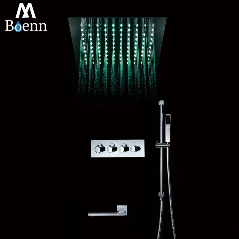 

M Boenn 3 Functions Thermostatic Rain Shower System Ceiling LED High Pressure Shower Head Bathroom Faucet Brass Concealed Mixer