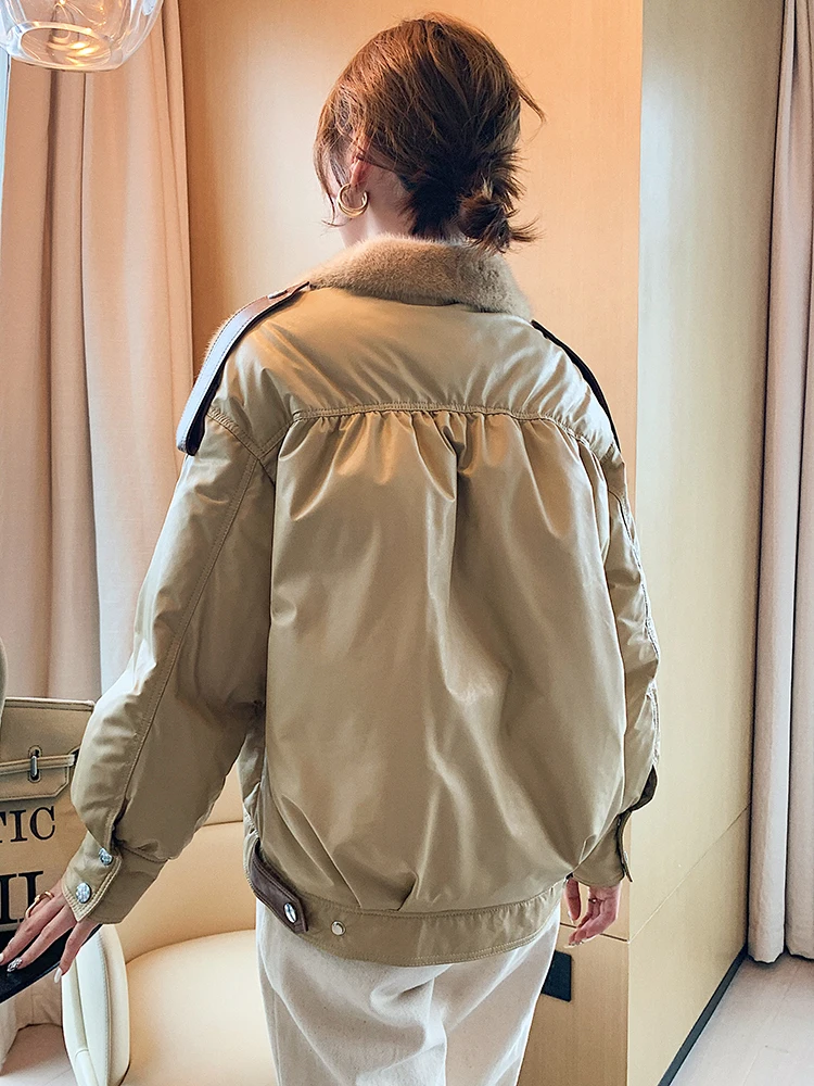 

2020 winter new mink fur grass female whole mink match sheep skin white goose down leather down jacket short coat