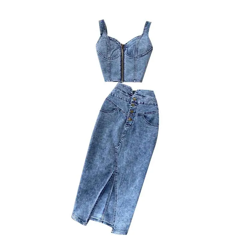 

Sexy Denim Women Sets Summer New Zipper Short Vest And Slim High Waist Knee-length Button Pocket SKirts Females Suits