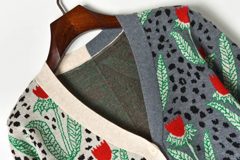 Жаккардовый вязаный свитер кардиган 2019 осенний лоскутный однобортный Кардиган с