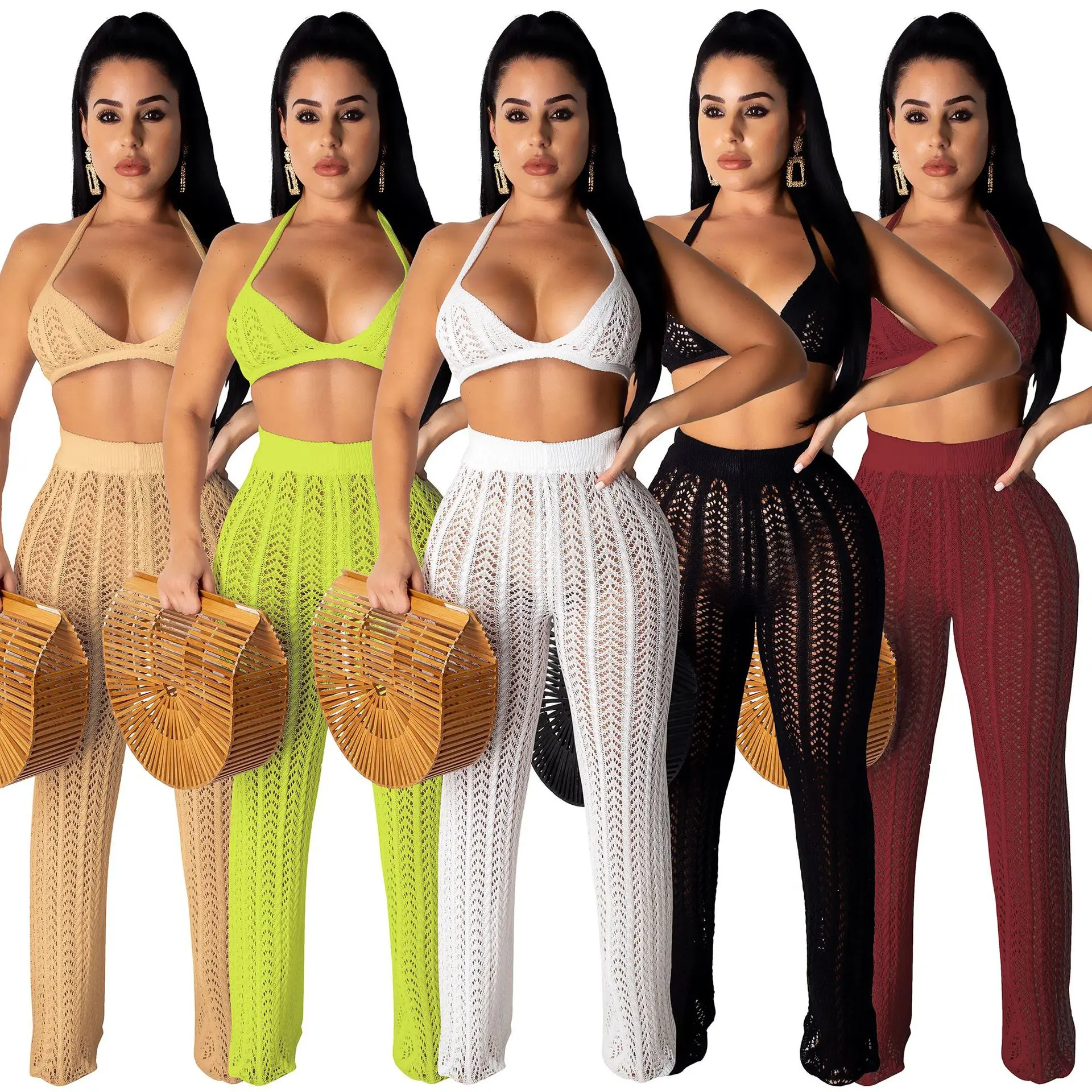 

2021 summer new style European and American sexy fashion knitted mesh hollow perspective two-piece suit