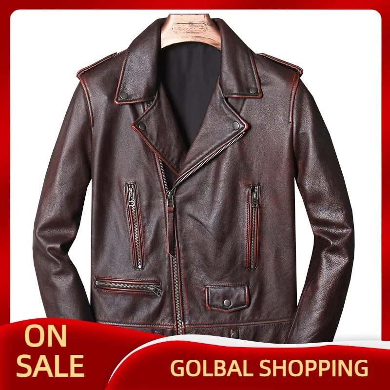 

2021 Vintage Brown Biker Style Genuine Leather Jacket Men Plus Size 4XL Real Natural Cowhide Autumn Slim Fit Motorcycle Coat