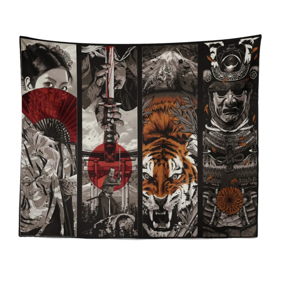 

Japanese Style Samurai Sword Japanese Geisha Tiger Tapestry Wall Hanging Dorm Decor Large Wall Tapestry Picnic Beach Blanket