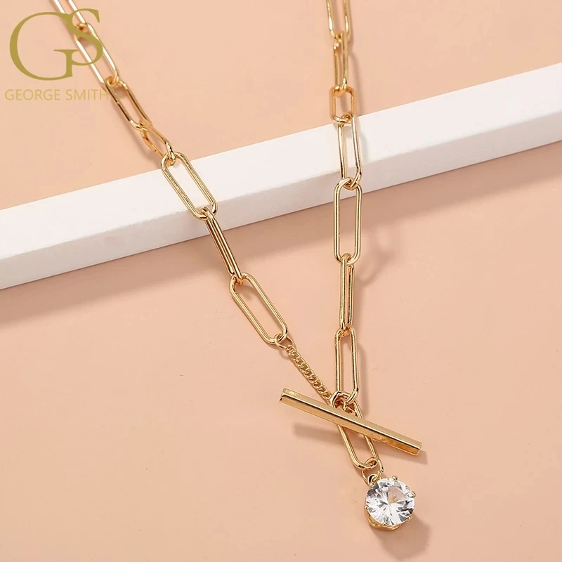 

GS Trend Street Style Fine Lattice Chain Square T Buckle Necklace Shiny Zircon Pendant Clavicle Chain Jewelry Dropshipping