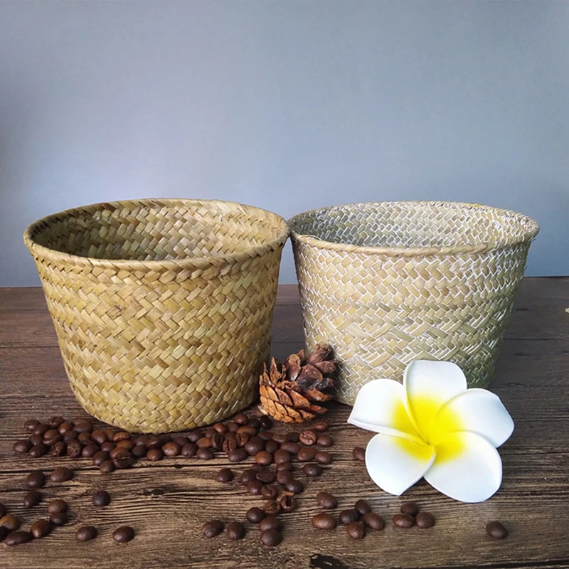 

Handmade Bamboo Storage Baskets Foldable Laundry Straw Patchwork Wicker Rattan Seagrass Belly Garden Flower Pot Planter Basket