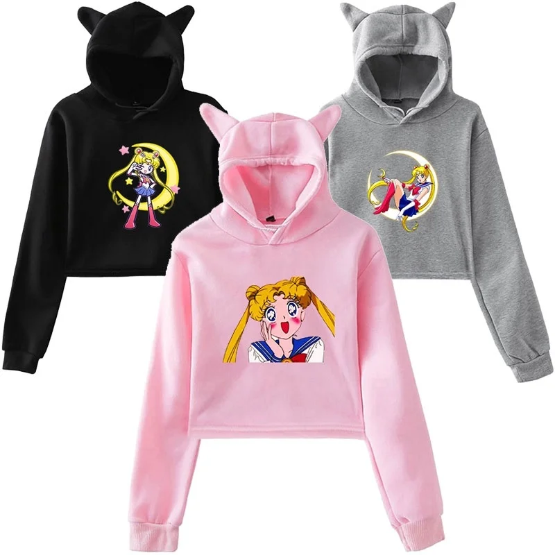 

Cropped Hoodies Sailor Moon Hoodie Kawaii Tops Hoodie Women Pullover Harajuku Sailor Moon Cat Ear Long Sleeve Girls sweatshirt