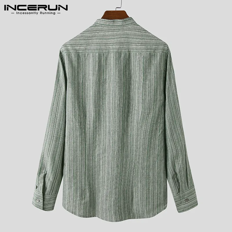 

2021 Men Long Sleeve Shirt Stand Collar Button Solid Color Vintage Blouse Streetwear Autumn Mens Casual Brand Shirts 5XL INCERUN