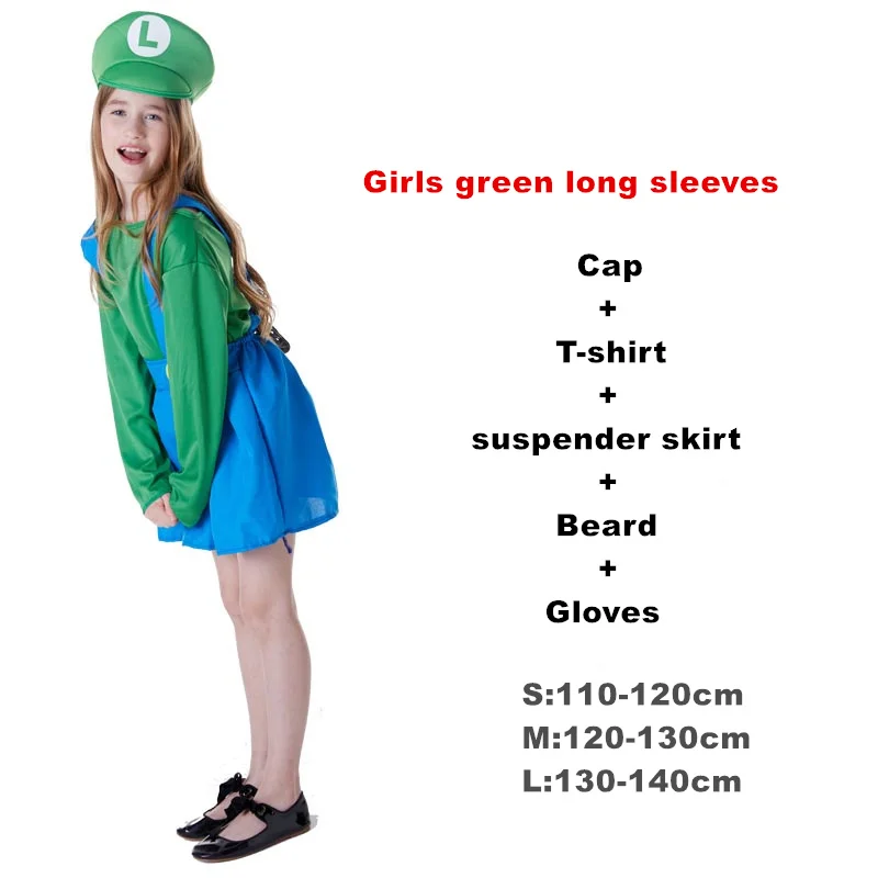 Girl green long Взрослый Хэллоуин Супер Марио Детский костюм косплей семья Funy Luigi Bros сантехник Пурим костюм нарядное платье Рождественские Вечерние - Цвет: Girl green long
