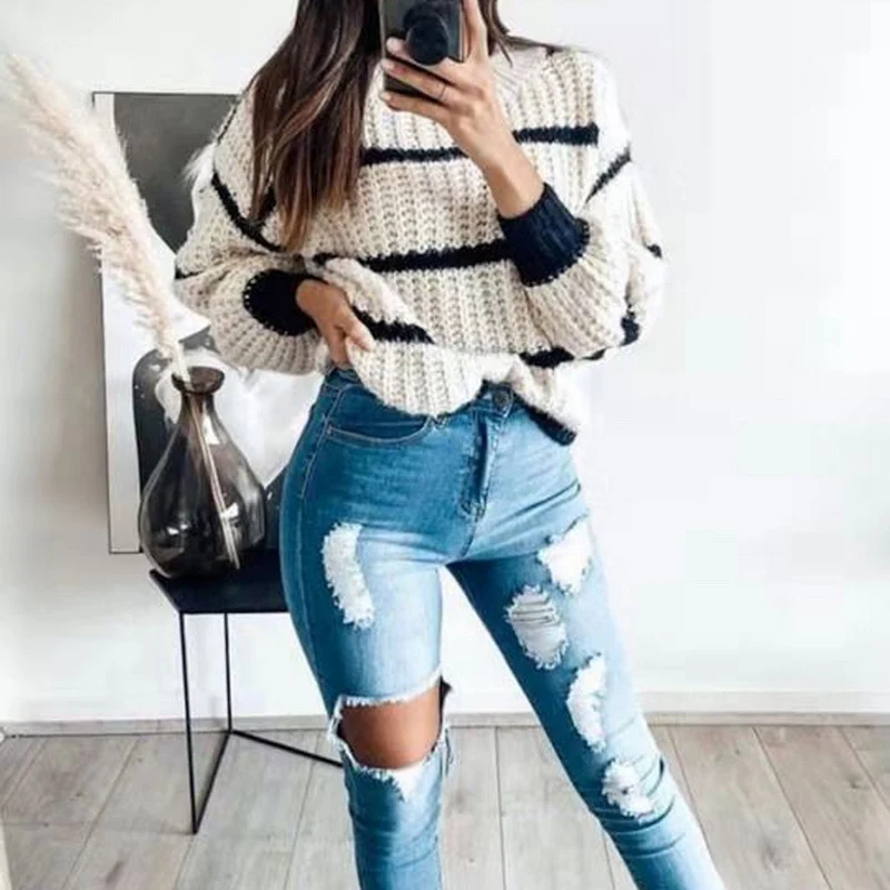 

SHUJIN Elegant Striped Print Oversized Pullovers Women Autumn Winter O-Neck Loose Long Sweaters Streetwear Warm Outerwear 2021