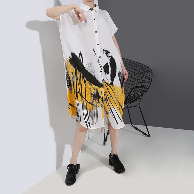Новинка женское летнее белое винтажное платье-рубашка с принтом граффити