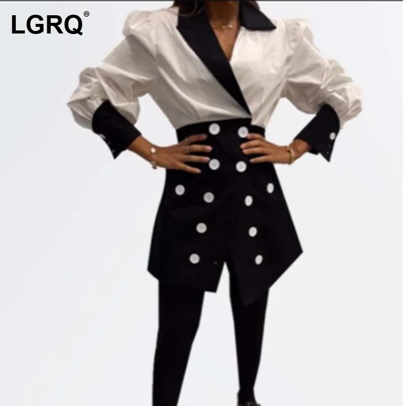 

[LGRQ] Double Breasted Elegant Women's Dress New Turn Down Neck Long Sleeve Loose Fit Fashion Tide Spring Autumn 2021 19D5476