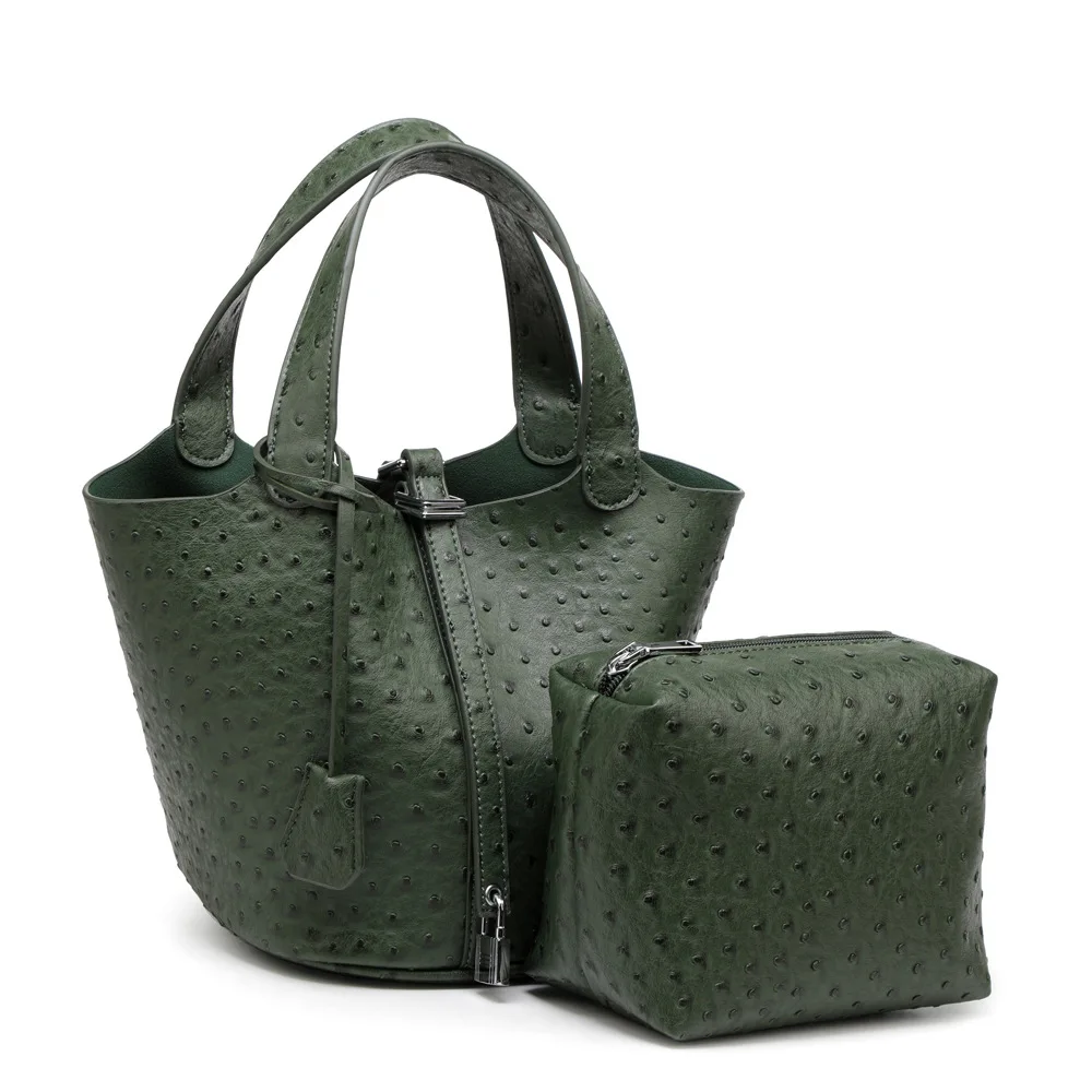 

Fashion Basket Bag Women Brown Bags Classic Brand Designer Tote Shopping Bag Ostrich Pattern Leather Composite Purse Bags