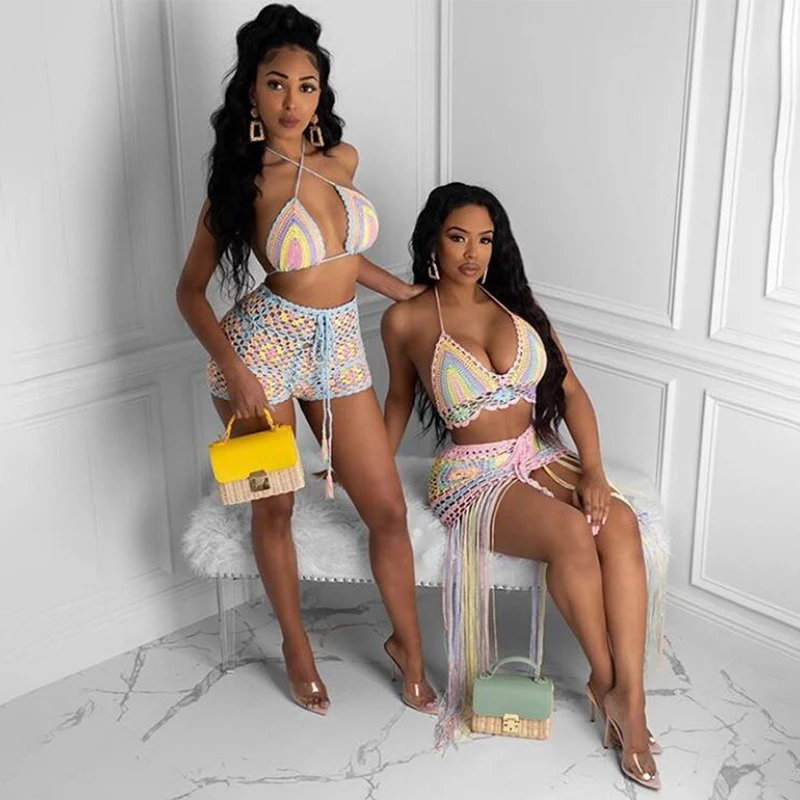 Женский вязаный комплект из двух предметов с юбкой и кисточками пляжный костюм