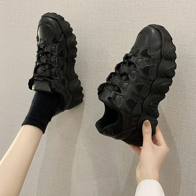 

2021 Women Platform Sneakers Black White Trainers Spring Autumn Shoes Women Lace Up Breathable Casual Dad Chunky Sneakers