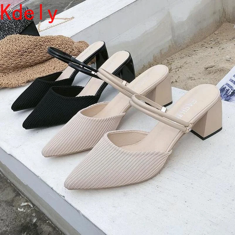 

Женские туфли без задника, черные Классические Вечерние заные туфли на высоком массивном каблуке, с острым носком, на лето, 2021