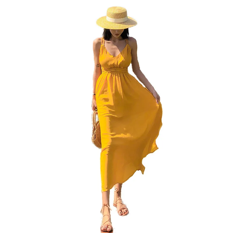 2021 New Yellow Beach Dress Women's Summer Beach Vacation Sling Back Sexy Dress Skirt Cover Up