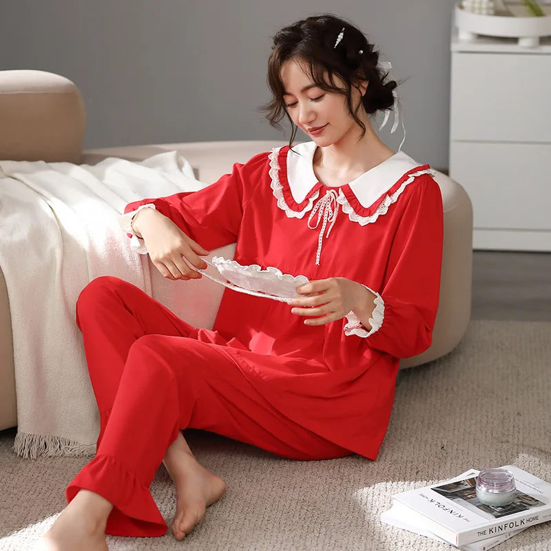 

Sweet Pater Pan Collar Women Pajamas Sets 2PCS Bud Cotton Pyjamas Sleep Suit Lounge Home Wear Spring Nightwear Sleepwear