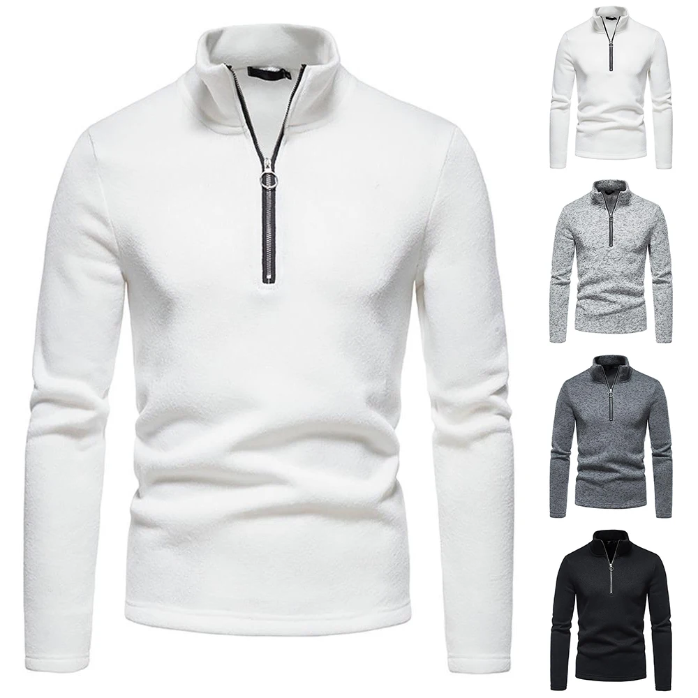 

White T-shirts Slim Solid Mens Haft Open Stand Collar Zip Long Sleeve Simple T Shirt Sweatshirt Autumn Winter Casual Tops
