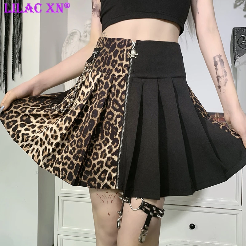 

Harajuku Leopard Mini Pleated Skirts Punk Gothic Black A Line High-waisted Skirt Streetwear Kawaii Summer Women Clothing 2021
