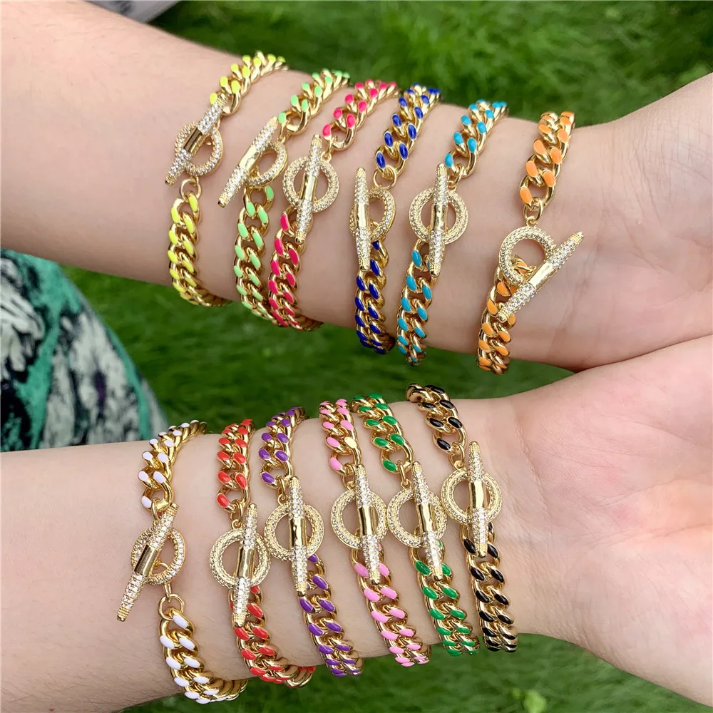 

5Pcs Trendy High Quality Multi Color Enamel Cuban Chain Bracelet, Cz Micro Pave Toggle Clasp Buckle Accessories Jewelry Gift