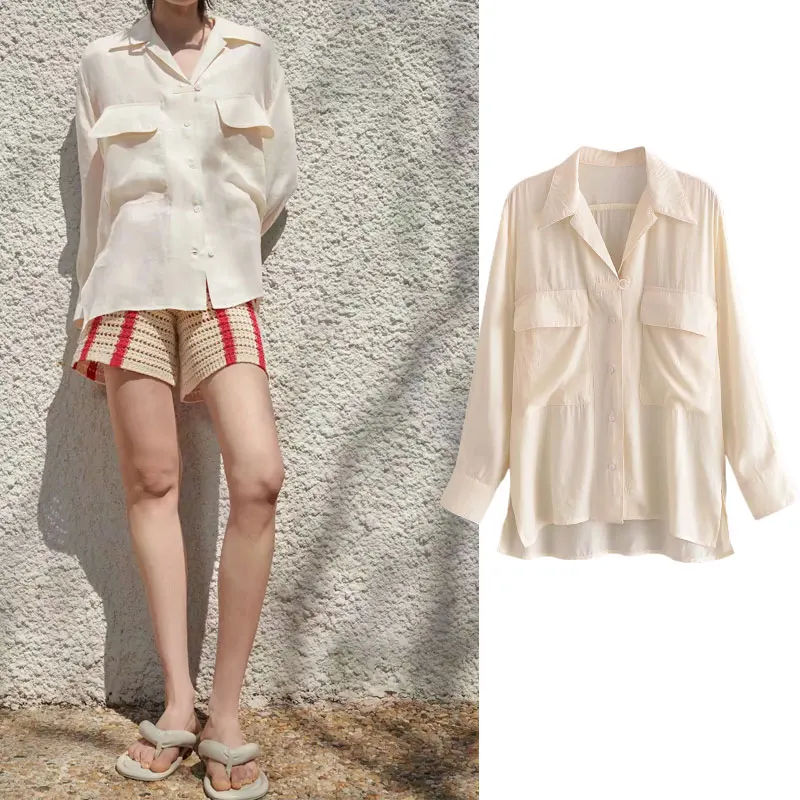 

Женская блузка на пуговицах Za, Однотонная рубашка с длинным рукавом, свободная шикарная блузка для работы, Женский Асимметричный Повседнев...