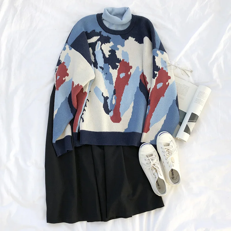 Neploe Pull Femme, новинка, корейский свитер большого размера контрастных цветов с граффити, Женский вязаный свитер с круглым вырезом, уличная одежда, джемпер 56134