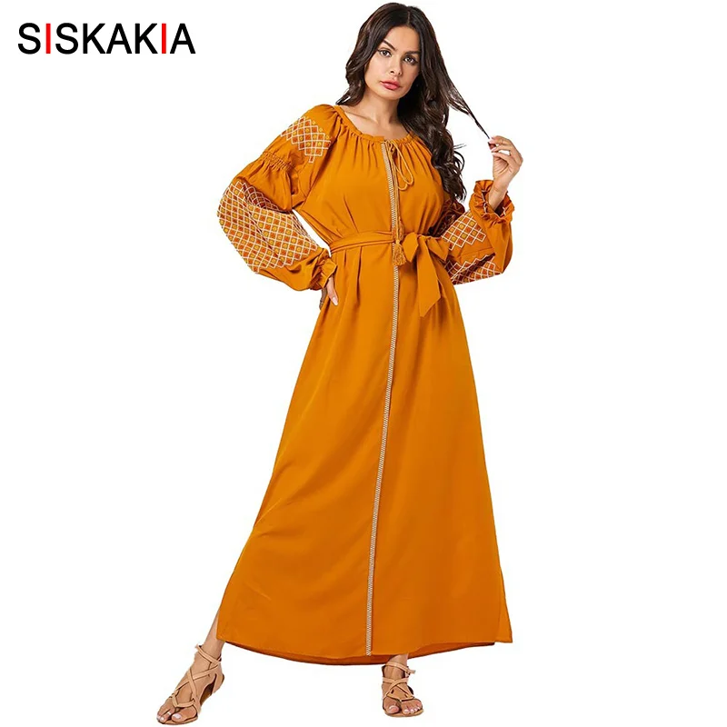 Женское длинное платье с вышивкой Siskakia оранжевое и желтое круглым вырезом