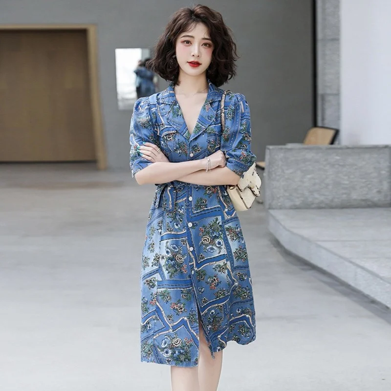 

2021 Summer New Womens Turn-Down Collar Single Breasted Half Sleeve Elegant A-Line Dress Office Lady Puff Sleeve Fashion Dress